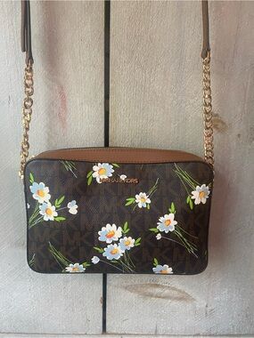 Michael Kors Brown Floral Daisy Crossbody with Gold Hardware